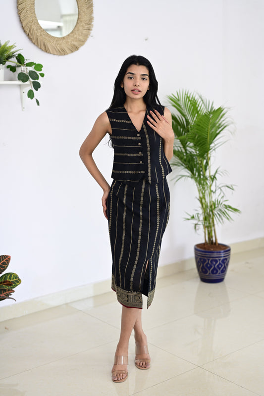 Black stripe handloom co-ord set featuring a fusion of traditional Narayanpet handloom and Western design, crafted for sustainable and artisanal fashion